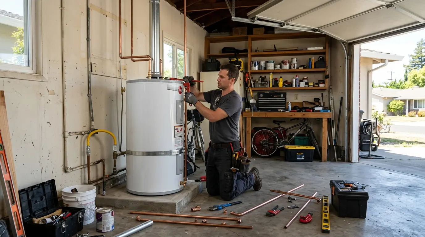 Plumber replacing a water heater in a Santa Clara garage