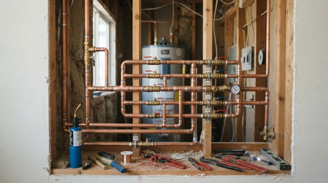 PEX lines routed through framing during a San Jose repipe