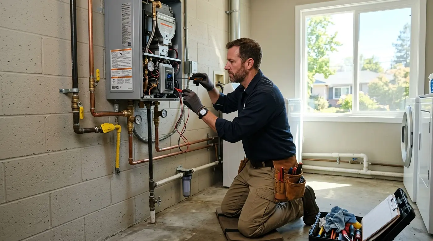 Plumber checking a tankless water heater in a Sunnyvale home