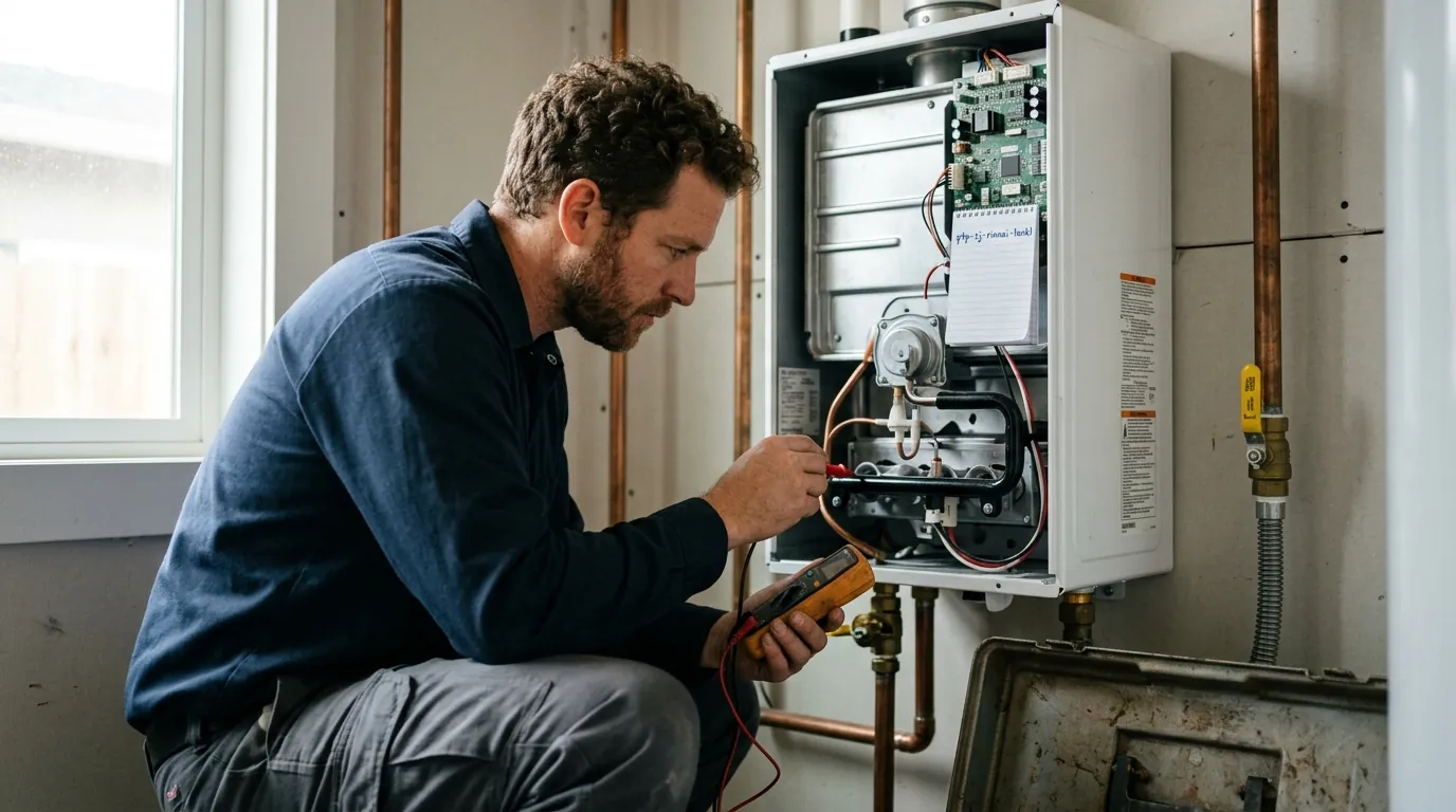 Plumber repairing a Rinnai tankless water heater in a San Jose garage