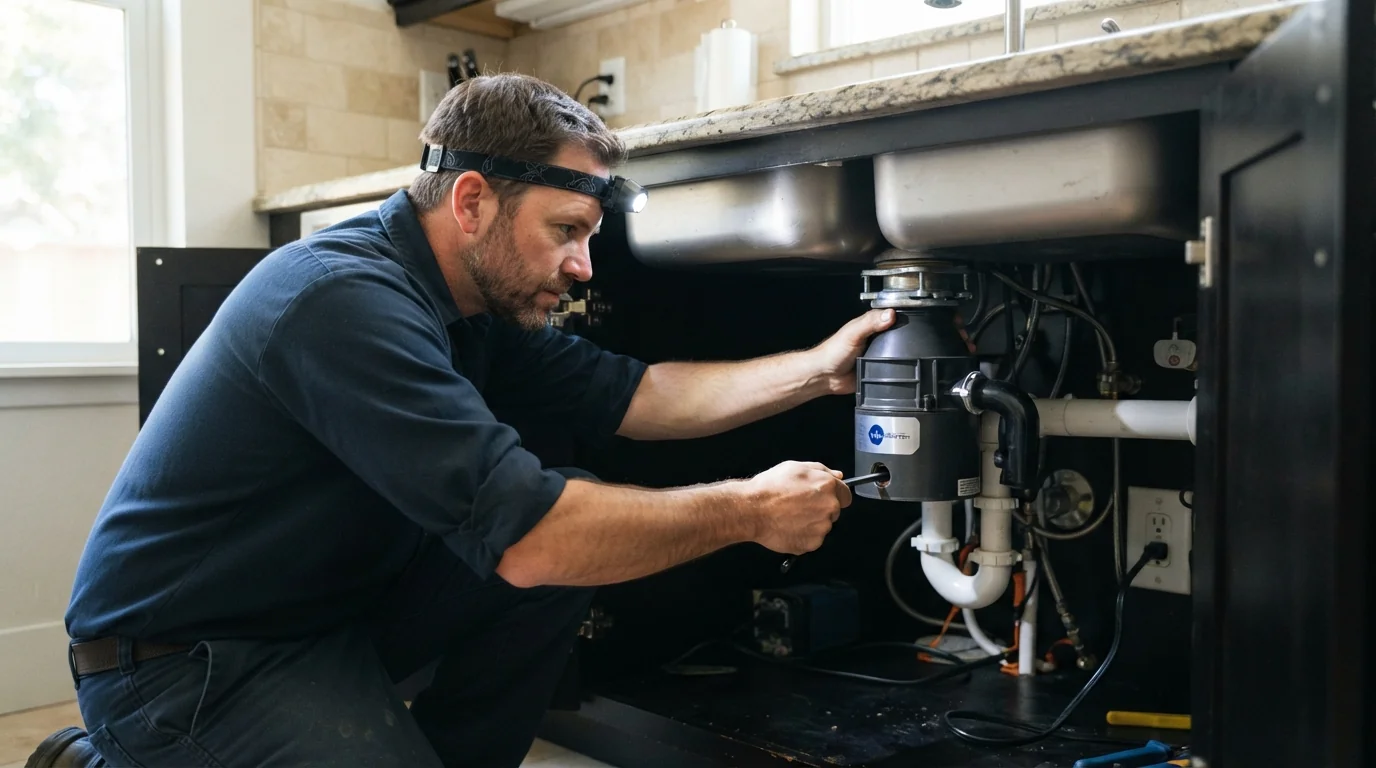 Plumber installing a garbage disposal in a San Jose kitchen