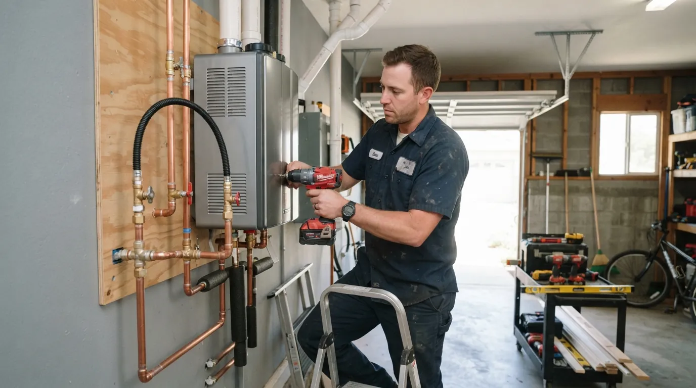 Plumber installing a tankless water heater in a San Jose garage