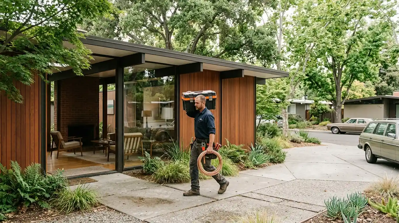 Plumber at an Eichler home in Willow Glen, San Jose