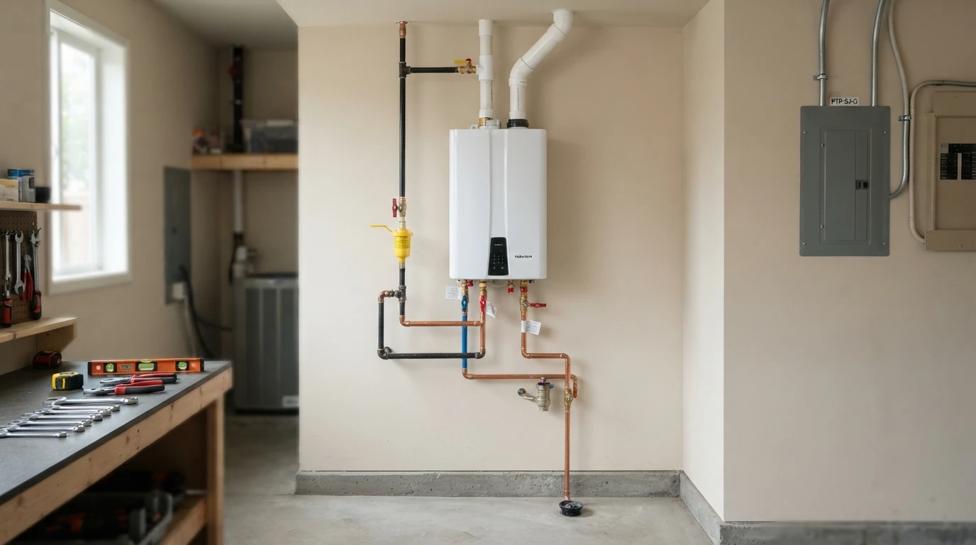 Tankless water heater and new gas line installed in a San Jose garage