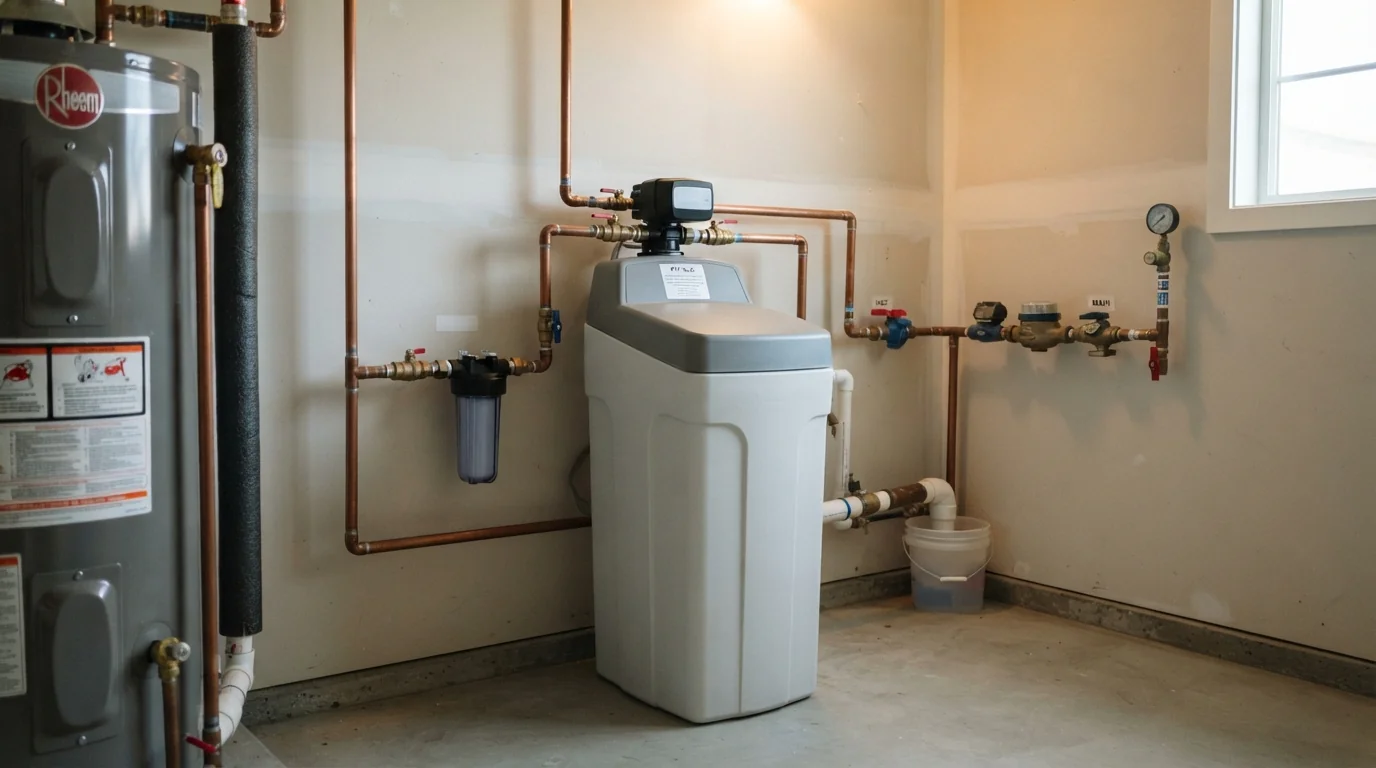 Salt-based water softener and brine tank in a San Jose garage