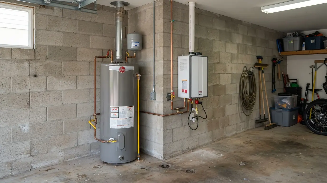 A tank water heater beside a compact tankless unit in a San Jose garage