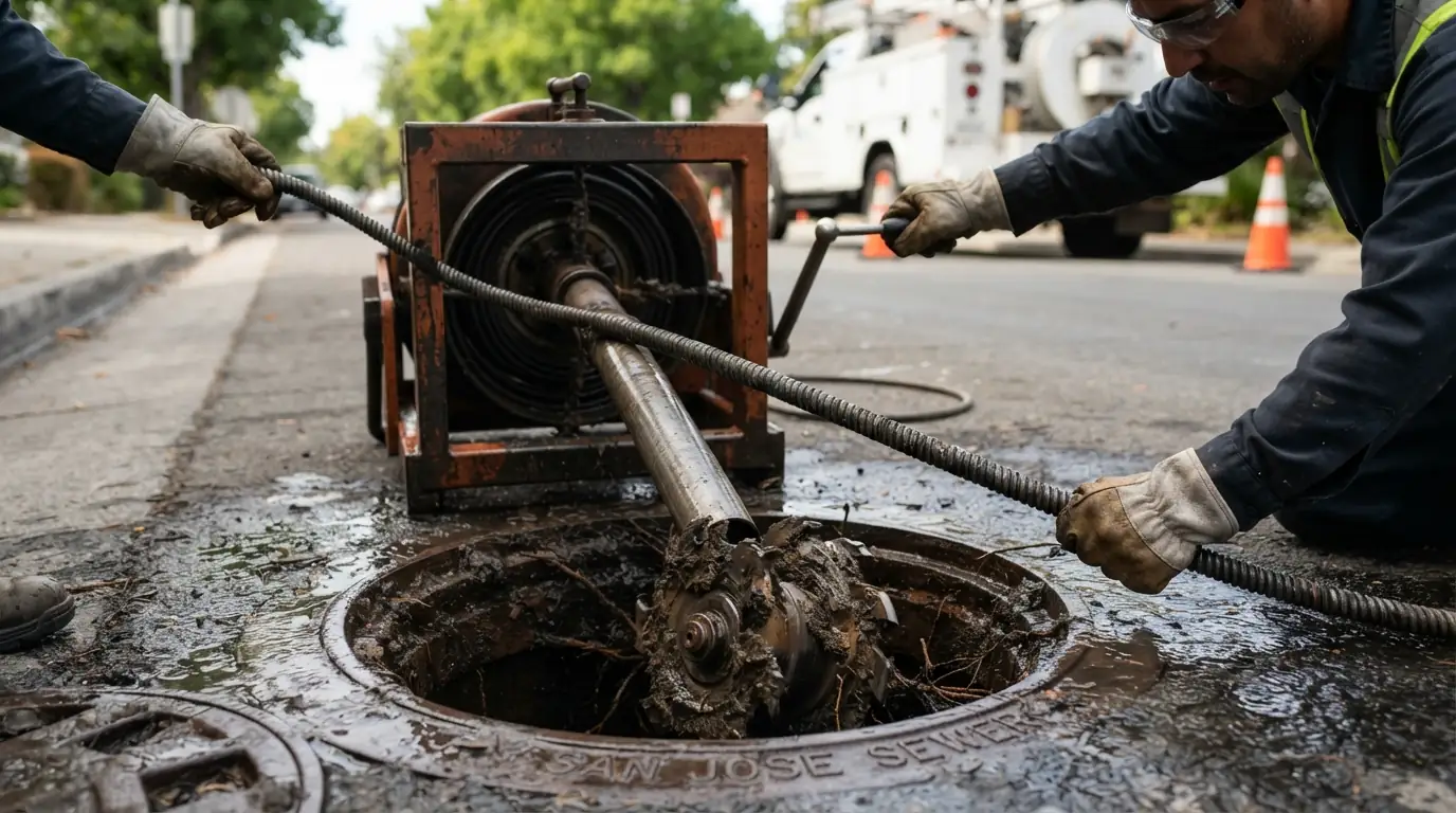 Outdoor sewer cleanout being opened at a San Jose home