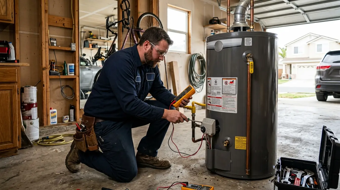 Plumber repairing a water heater in a Fairfield home