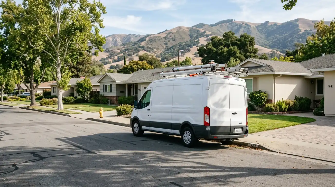 Plumber van on a residential street in Santa Clara County