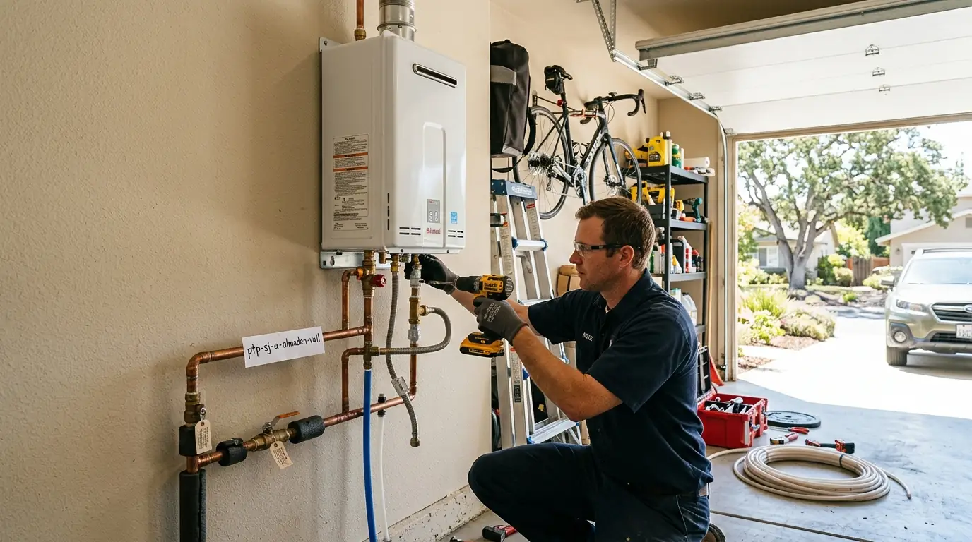 Plumber installing a tankless water heater in an Almaden Valley home