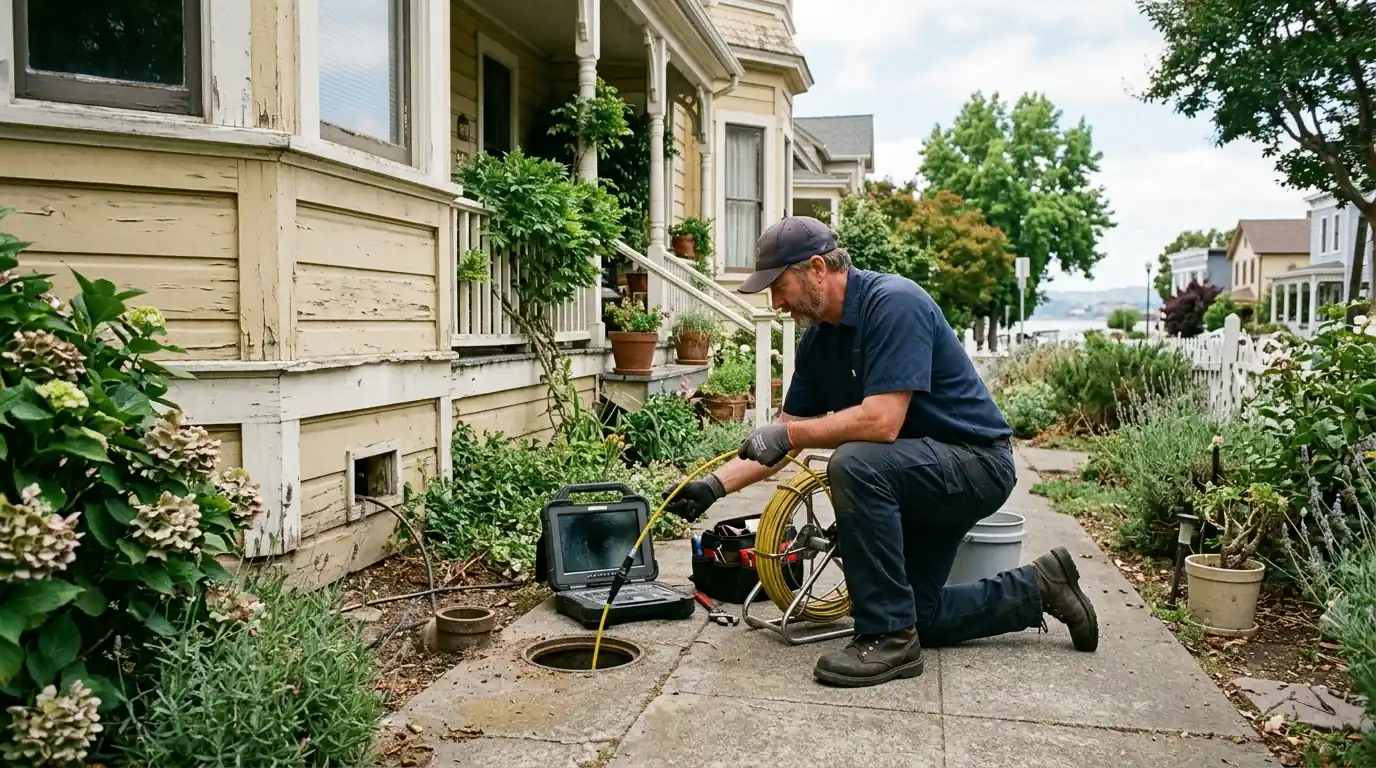 Plumber inspecting a sewer line at a historic Benicia home