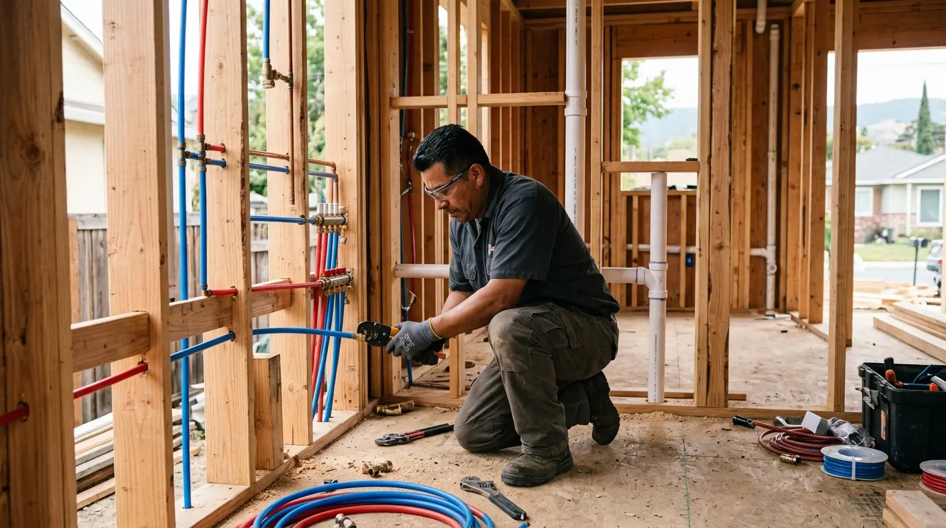 Backyard ADU under construction with plumbing rough-in in San Jose
