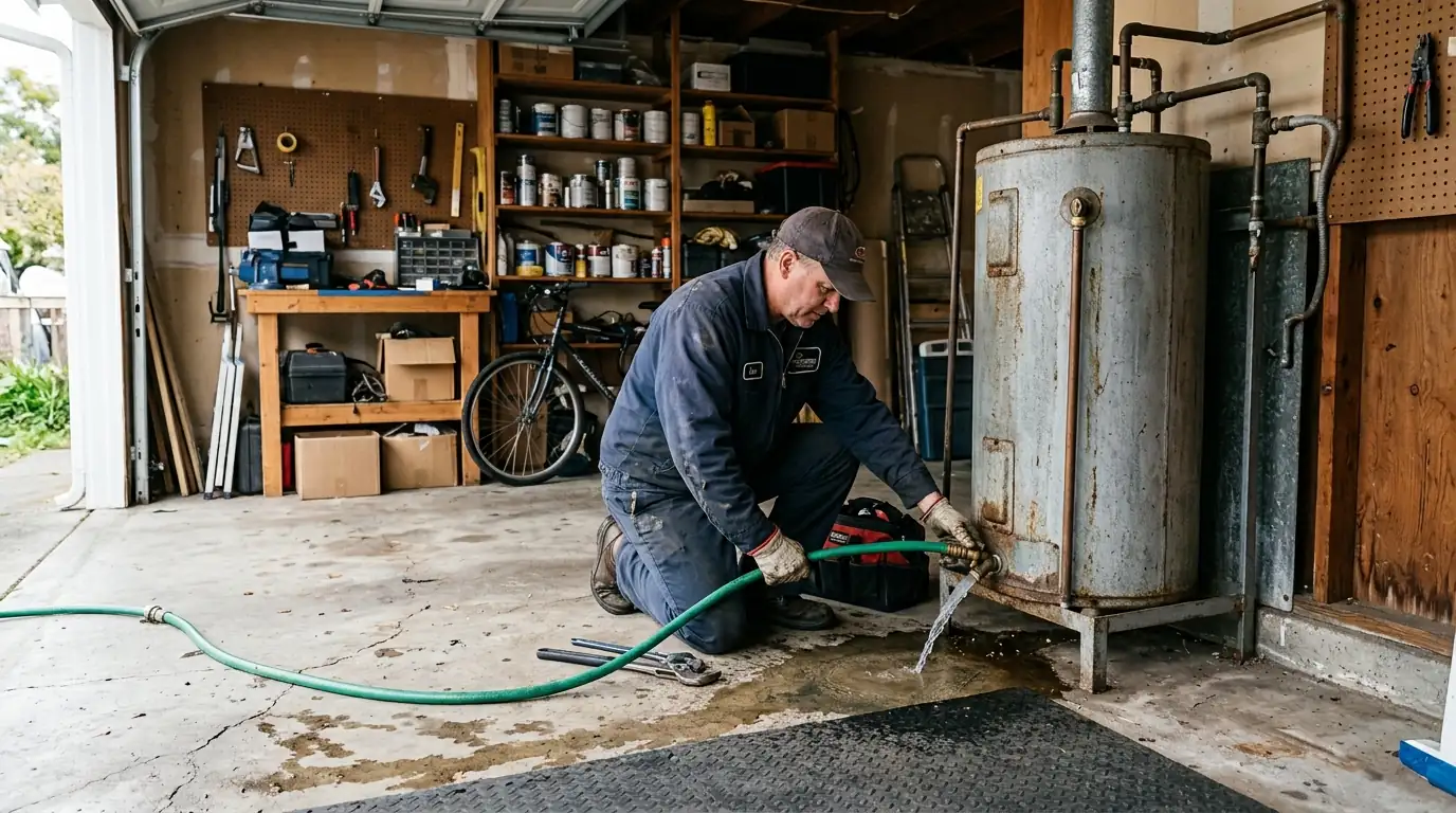 Plumber working on a water heater in a Vallejo home
