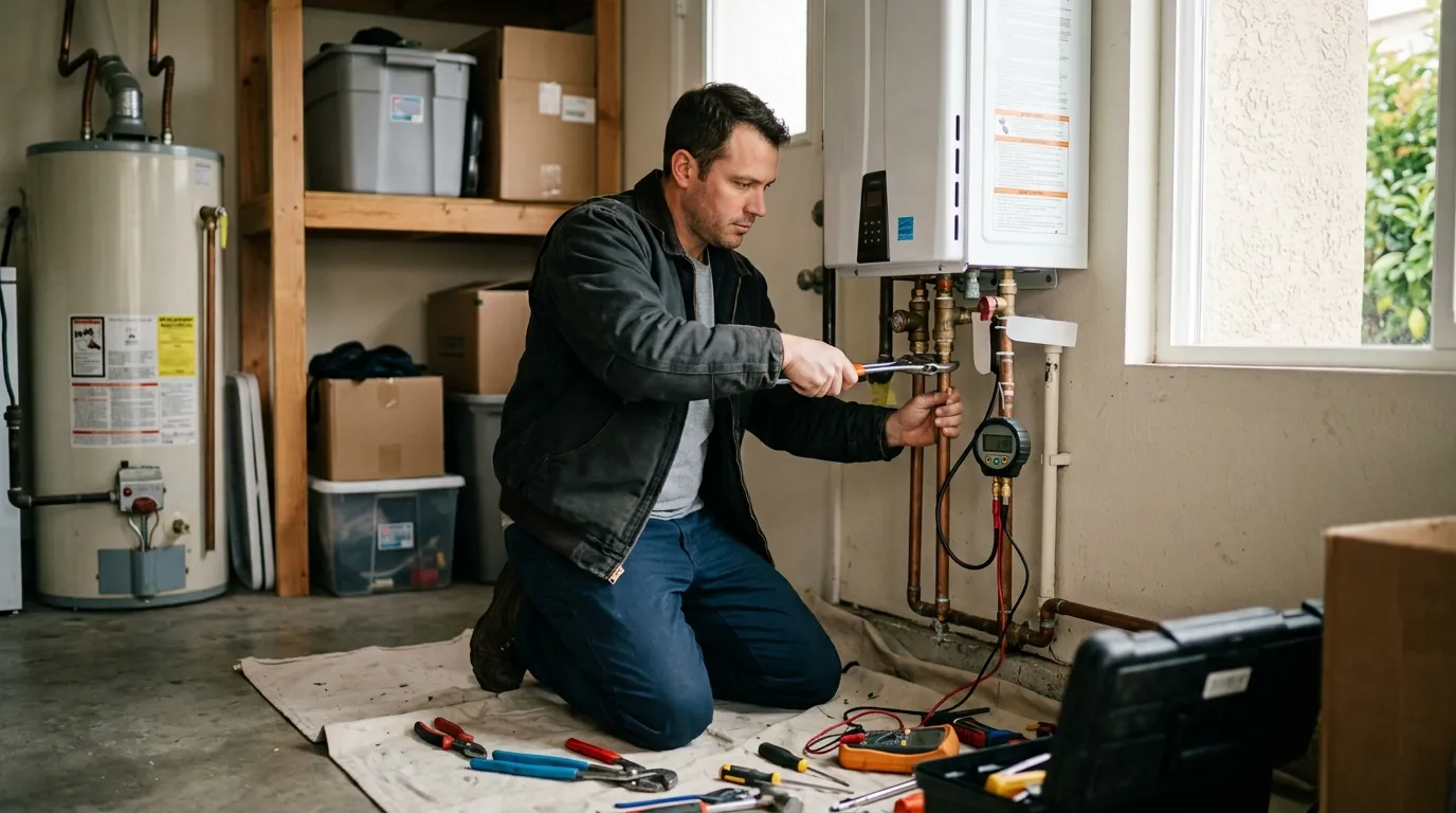 Plumber servicing a radiant heating boiler in a San Jose Eichler home