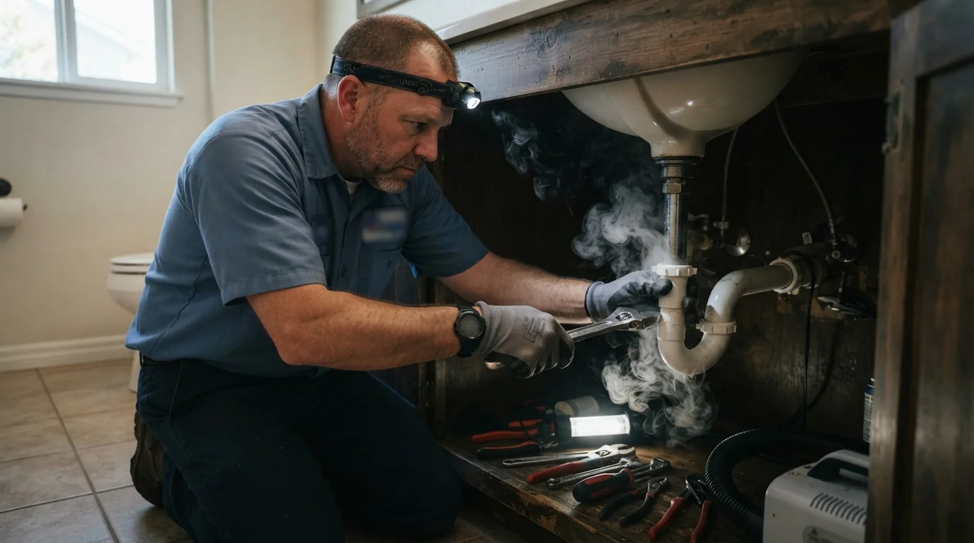 Plumber smoke testing a drain system in a San Jose home
