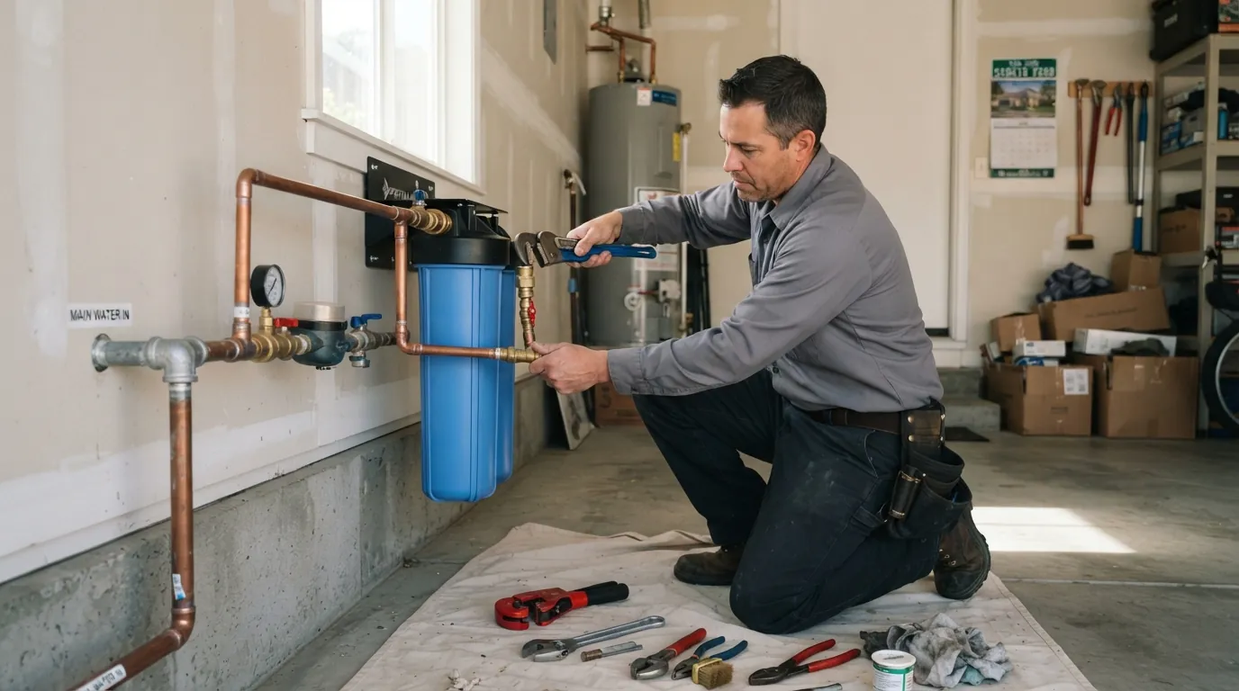 Water filtration system installed in a San Jose garage