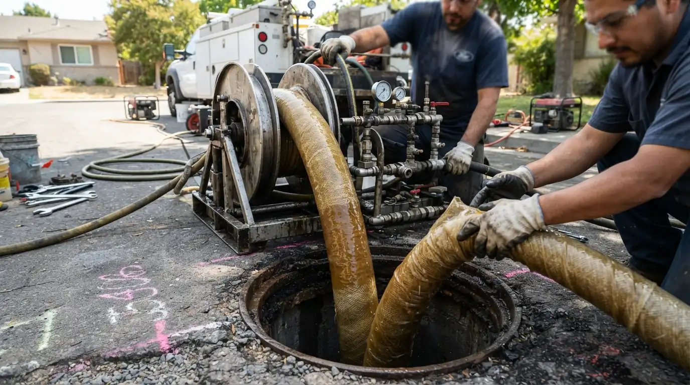 Pipe bursting head and new HDPE pipe at a San Jose access pit
