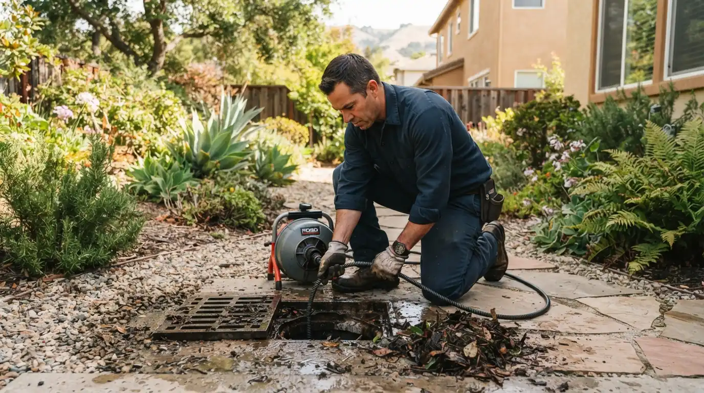 Plumber clearing a yard drain at a San Jose home