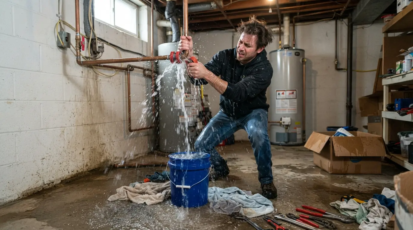 Homeowner closing a main water shutoff valve at a San Jose house