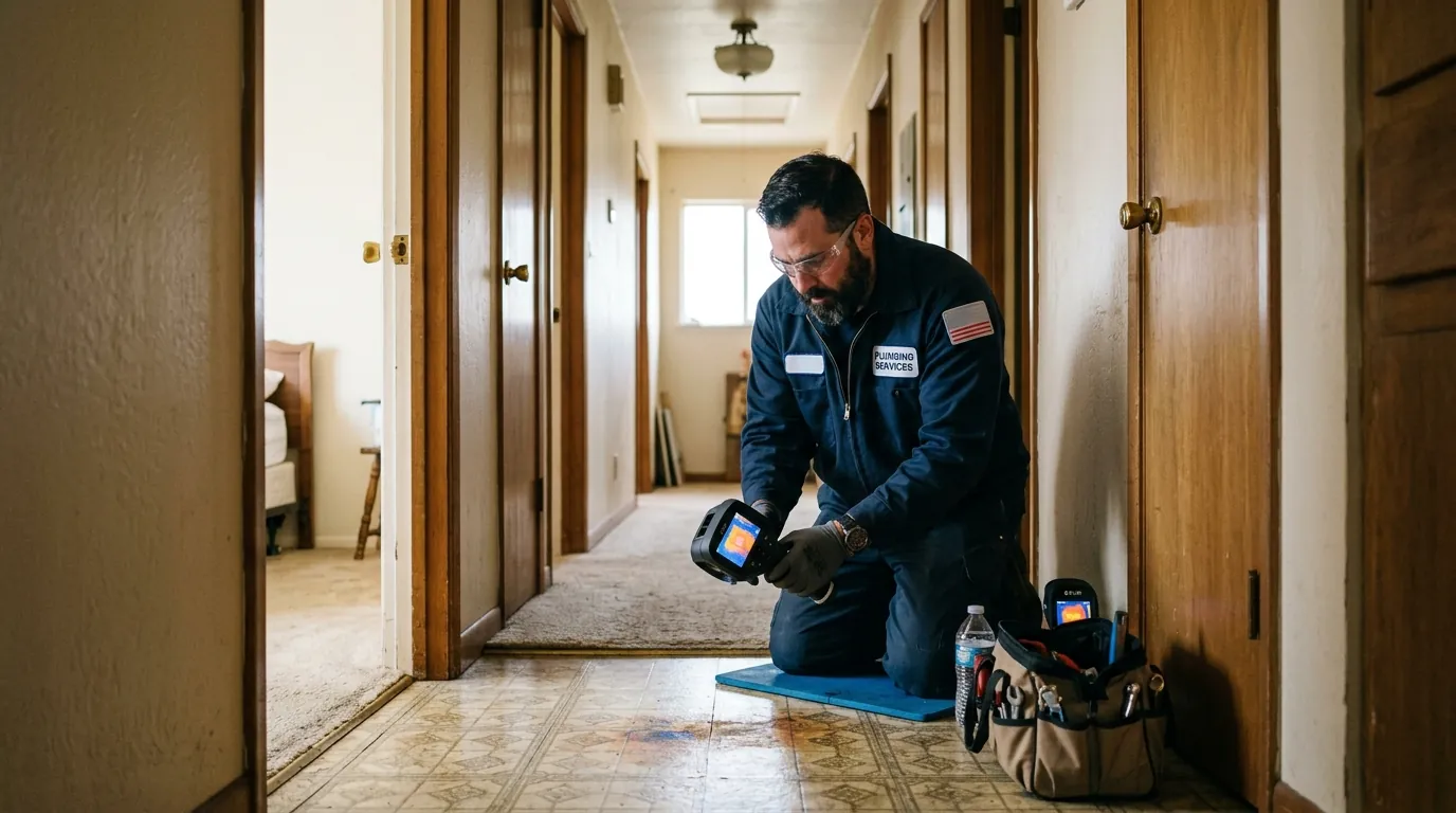 Plumber detecting a slab leak in a Berryessa home