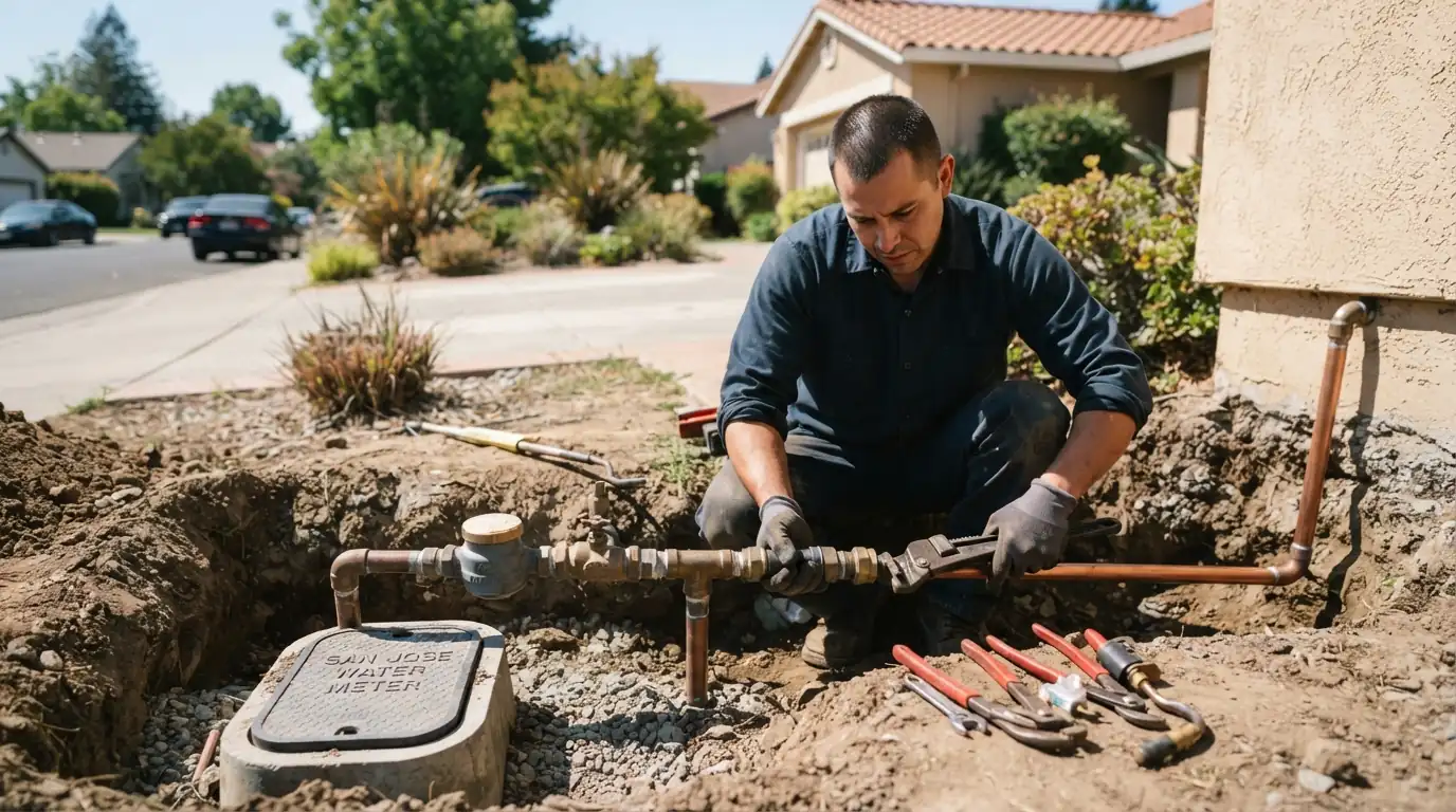 Main water line repair in a San Jose front yard