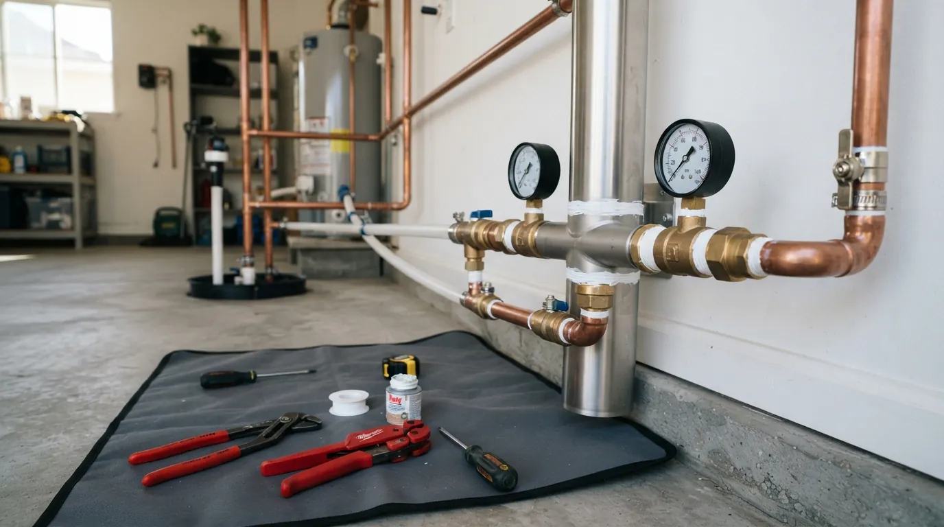 Salt-based softener with brine tank installed in a San Jose garage