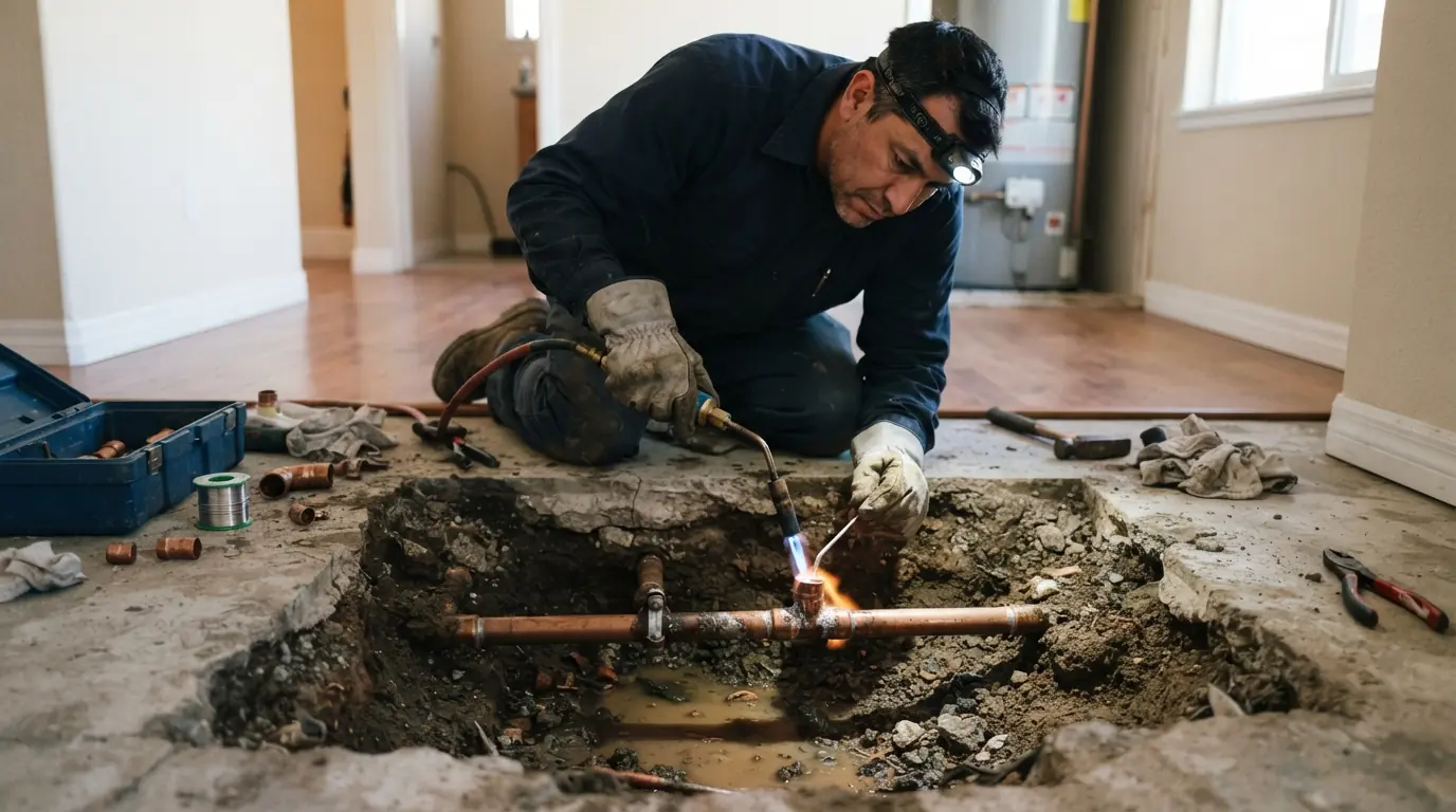 Plumber locating a slab leak in a San Jose home