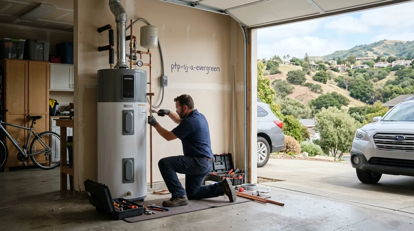 Plumber installing a heat pump water heater in an Evergreen home