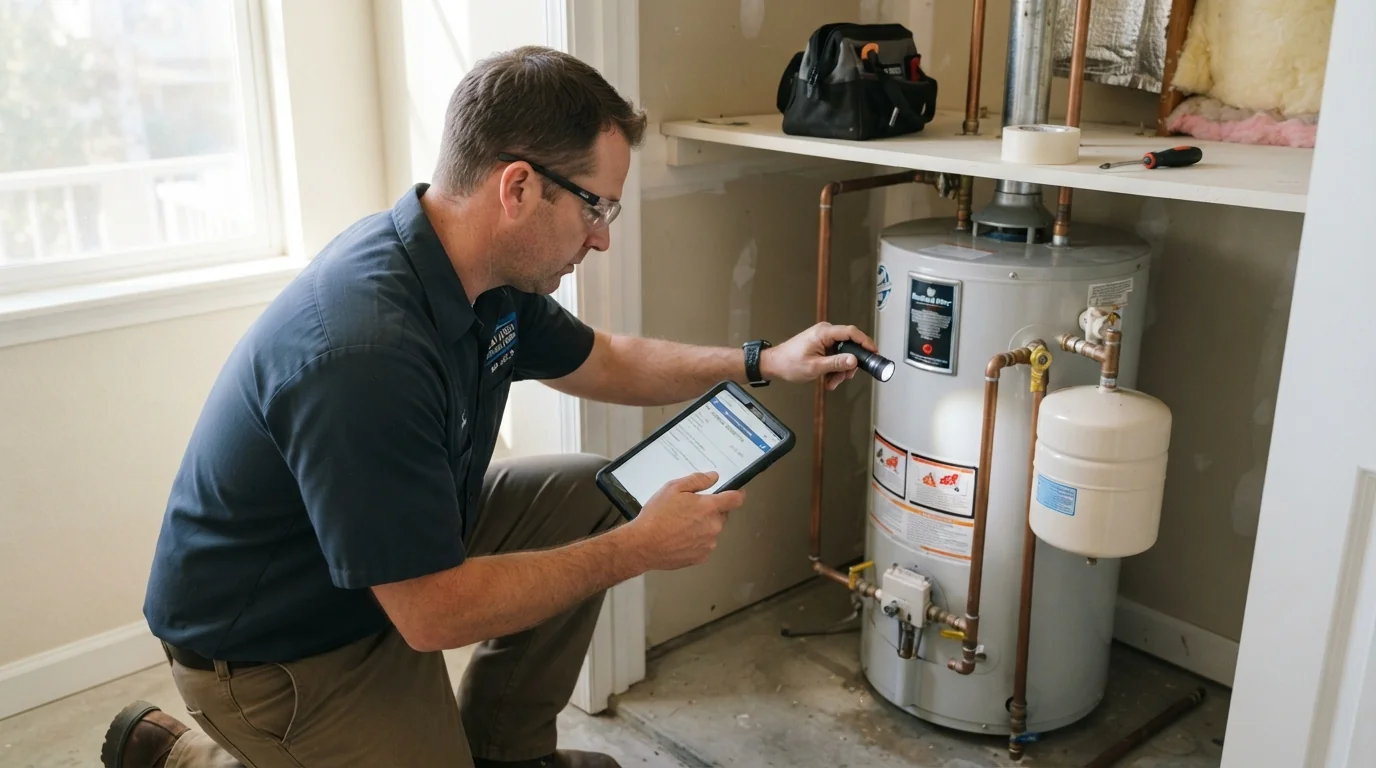Plumber inspecting supply pipes in a San Jose home