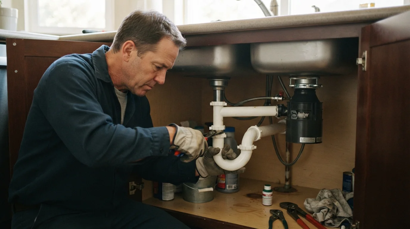 Plumber working under a kitchen sink in San Jose