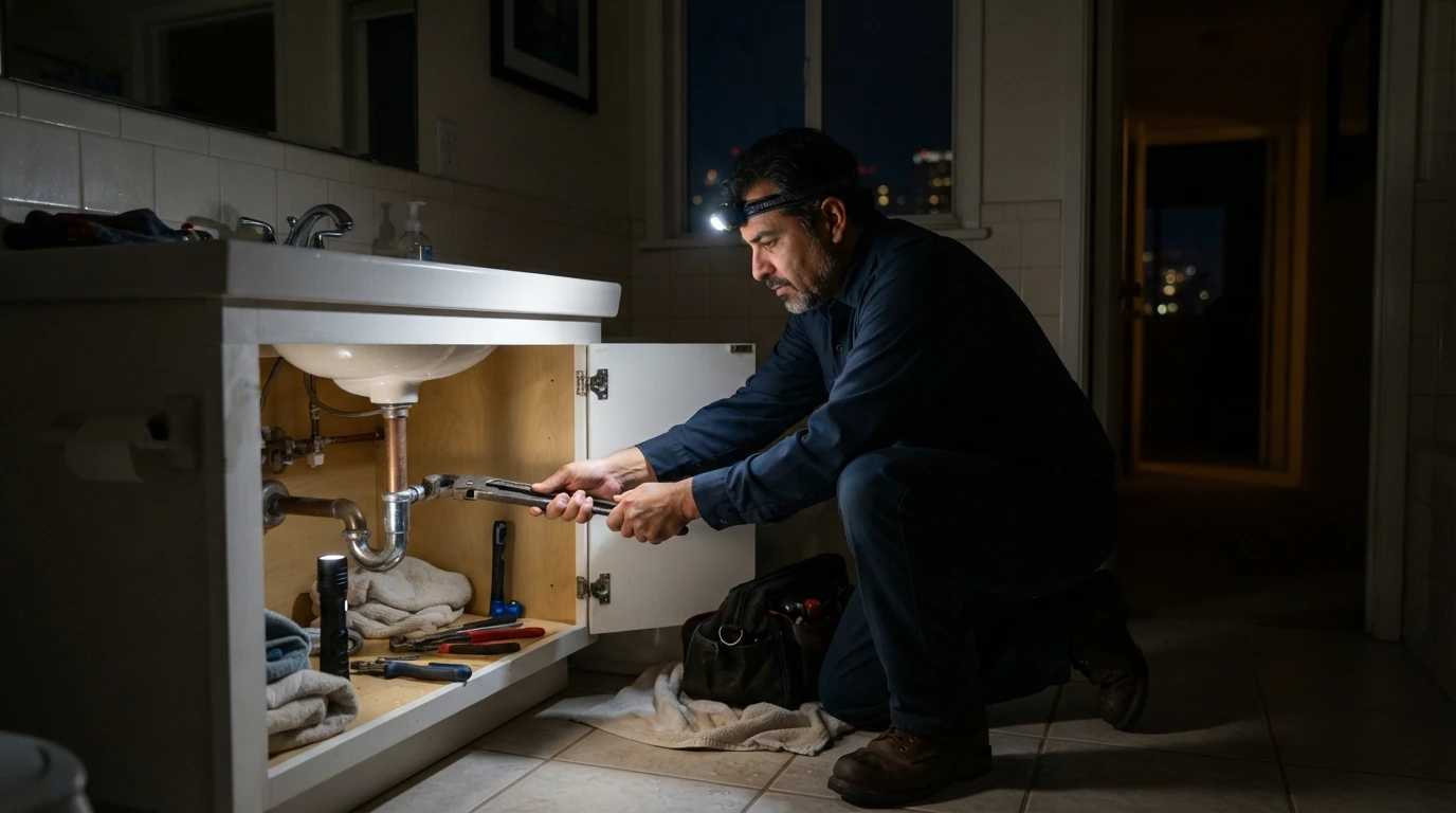 Emergency plumber at work on a burst pipe in San Jose