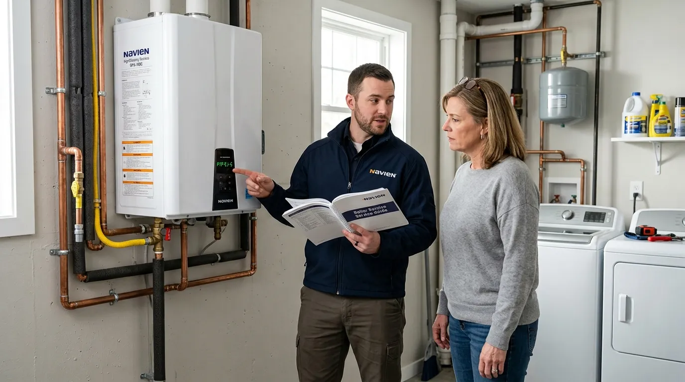 Navien tankless water heater front panel showing an E code